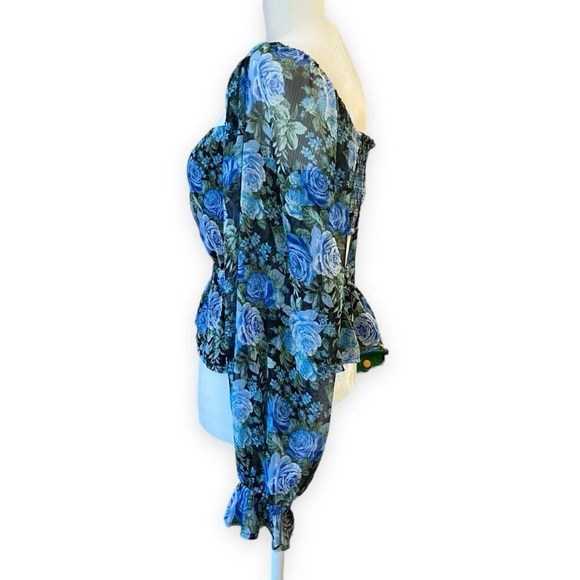 NWT WAYF Blue Rose Open Back Smocked Peplum Blouse - Picture 7 of 12
